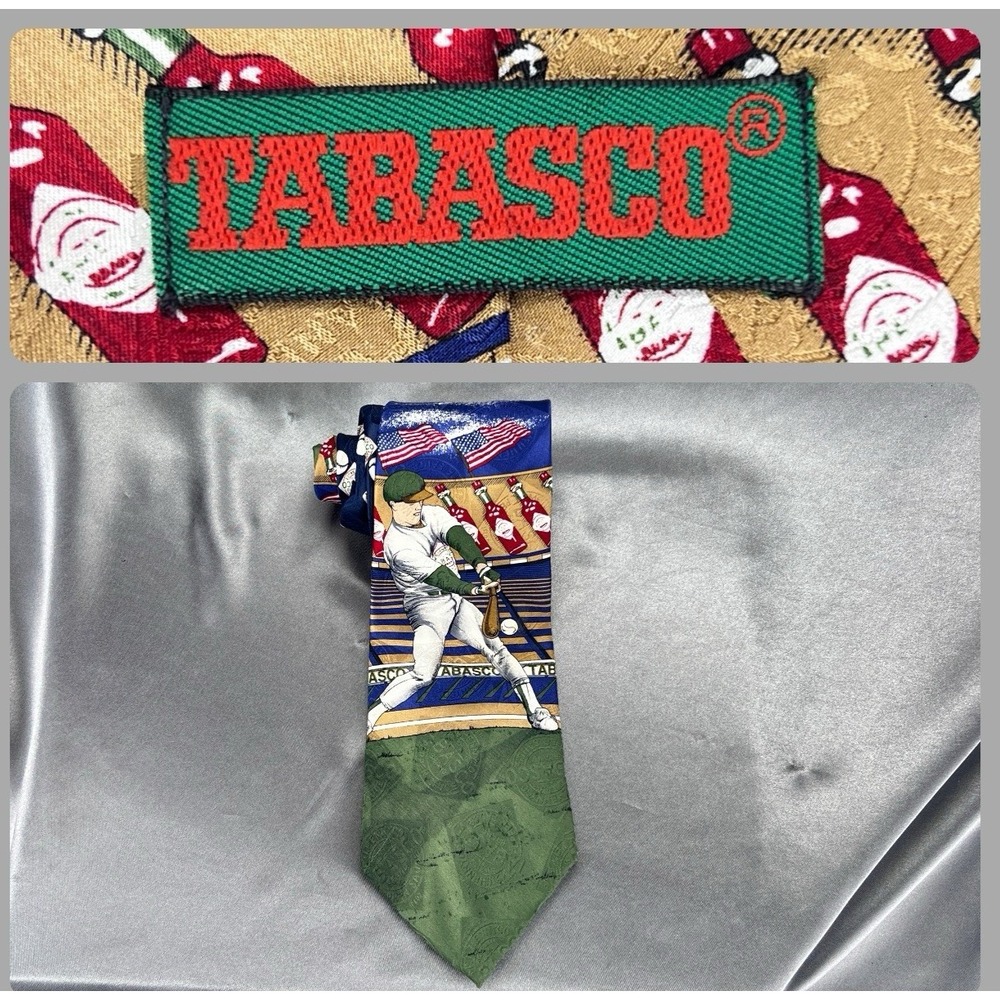 Vintage Tabasco Baseball Silk Tie Batter Hitter Multicolor Classic‎ Necktie USA